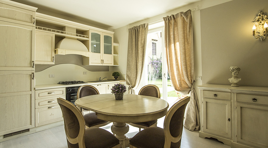 Furnished kitchen in a residence apartment.